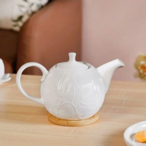 Leaf Embossed Ceramic Tea Pot With Stand