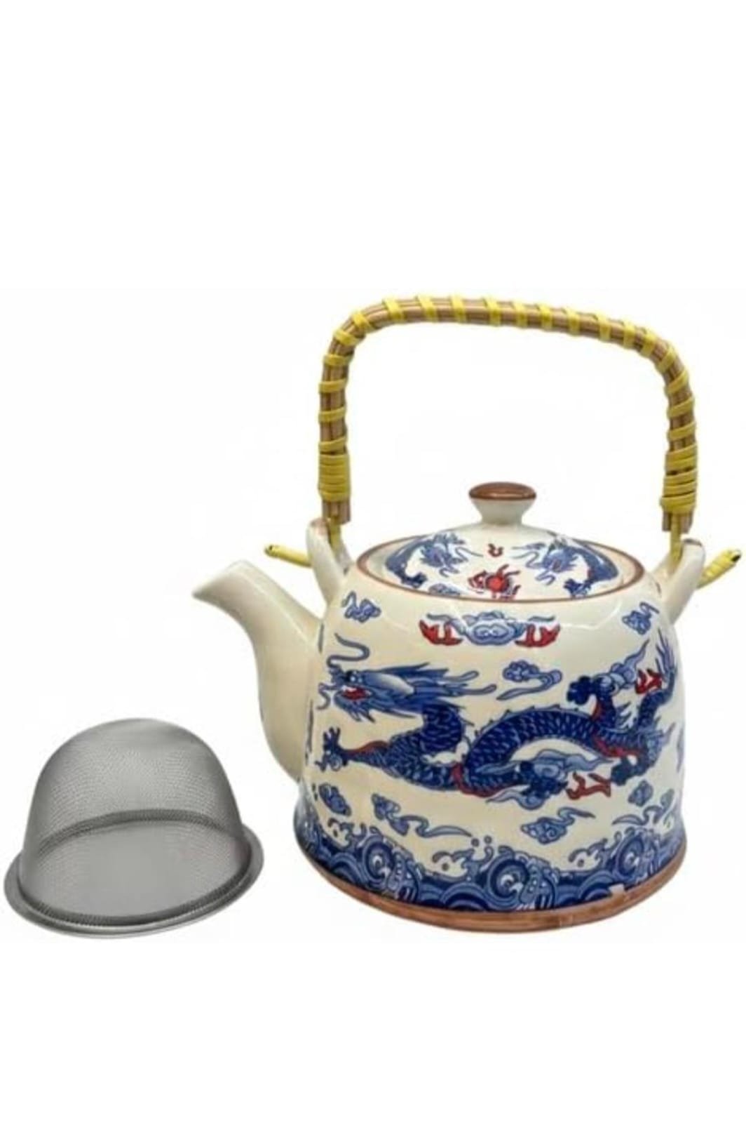Ceramic Dragon Tea Pot with Stainless Steel Infuser and Bamboo Handle